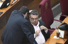 Senador colorado cartista, Gustavo Leite (sentado), en plena sesión de la comisión "garrote" del Congreso.