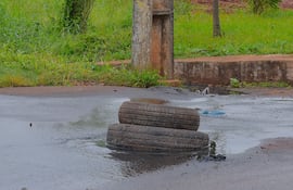 Acumulación de aguas negras sobre pavimento, con neumáticos apilados y vegetación al fondo en un entorno descuidado.