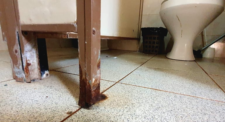 Interior del baño con inodoro blanco y cesto de basura negro, mostrando signos de desgaste y corrosión.