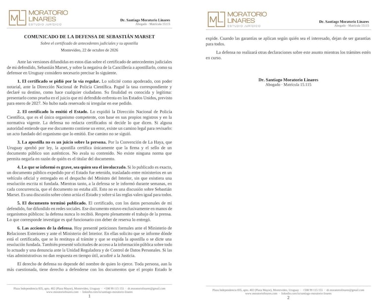Comunicado legal en papel con texto impreso y detalles de contacto del Dr. Santiago Moratorio Linares en un ambiente jurídico.