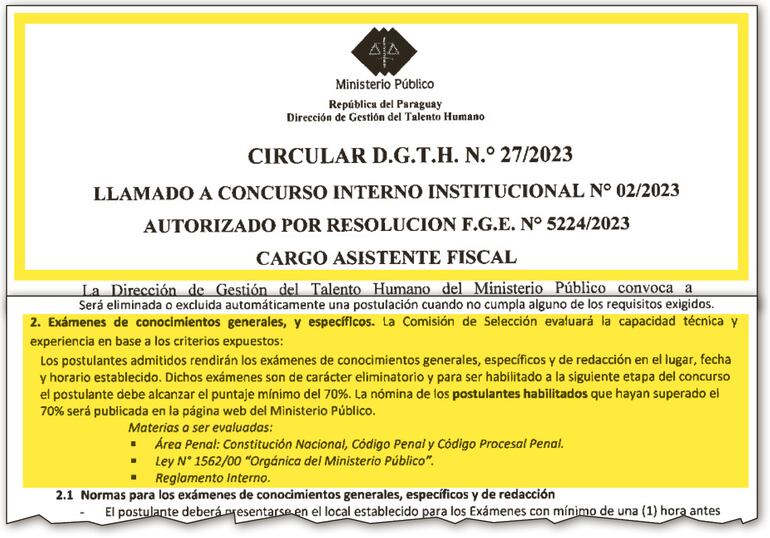 La resolución del llamado a concurso con las condiciones del examen de conocimiento y temario.