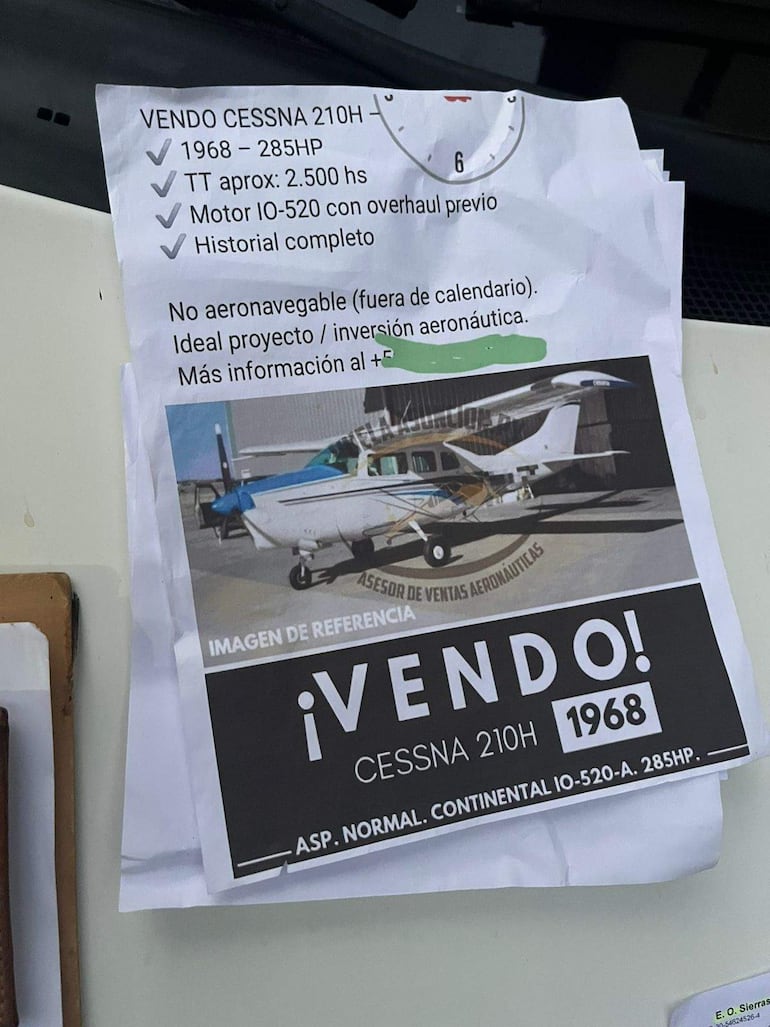 Aviso de venta de un Cessna 210H de 1968, con especificaciones técnicas sobre el motor.