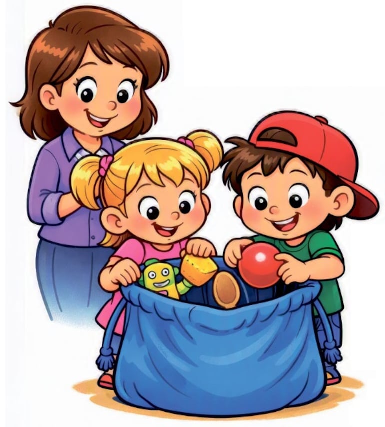 Niños guardan juguetes en una bolsa.