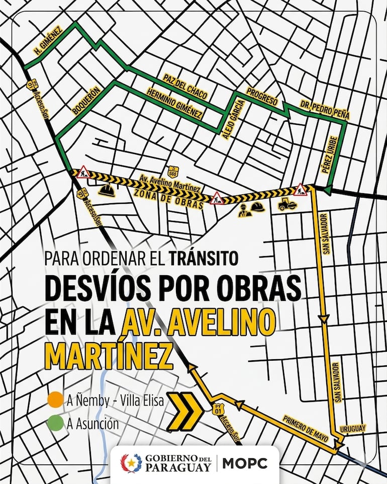 El MOPC dio a conocer los desvíos establecidos en el marco de las obras sobre la Avenida Avelino Martínez