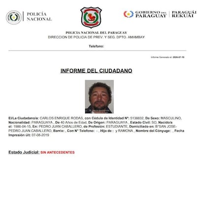 Informe oficial de la Policía Nacional con datos de Carlos Enrique Rodas.