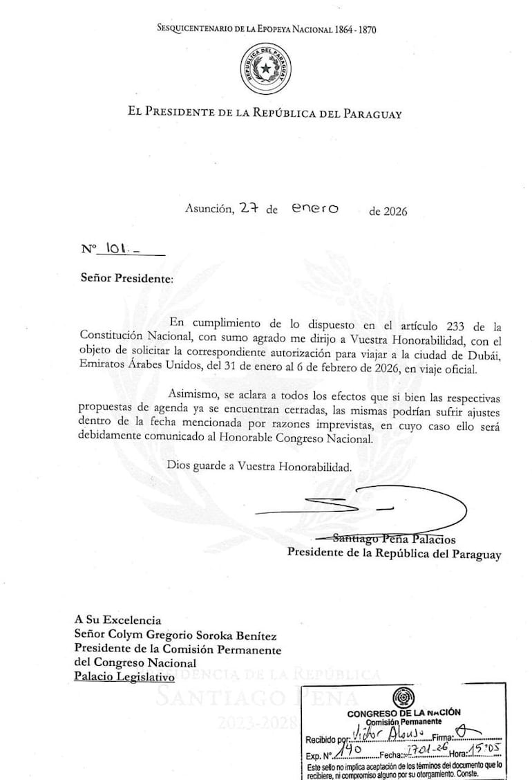 Solicitud de permiso presentada por Santiago Peña para viajar a Dubái.