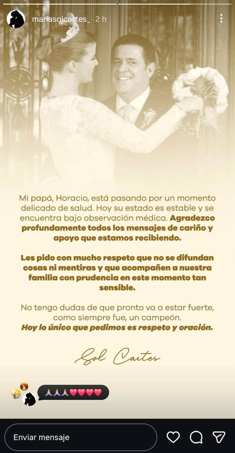 Mensaje de Sol Cartes por estado de salud de Horacio Cartes.