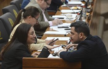 Los diputados colorados cartistas Rocío Abed y Raúl Latorre conversando durante la sesión de ayer.
