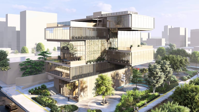 Diseño de la nueva casa matriz de Solar Banco, en el eje corporativo de Asunción.