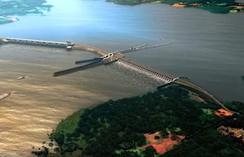 Vista aérea de la represa en construcción sobre el río Paraná, con estructuras hidráulicas y vegetación circundante.