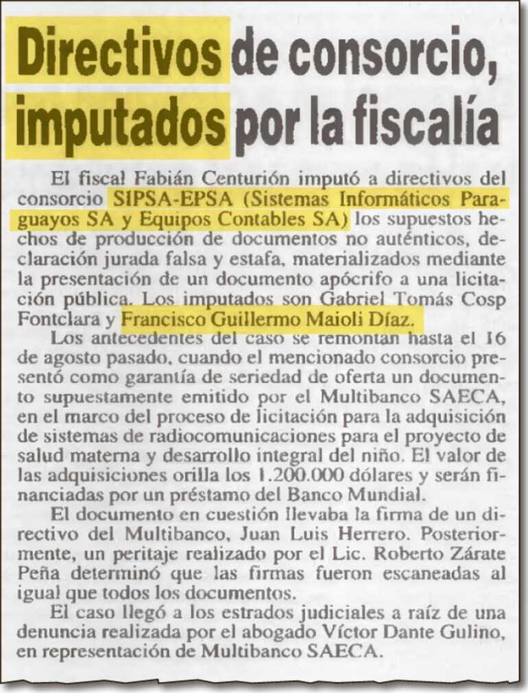 Publicación de ABC, del 15 de diciembre del año 2000, que anuncia la imputación de Francisco Guillermo Maioli por declaración jurada falsa, estafa y producción de documentos no auténticos.