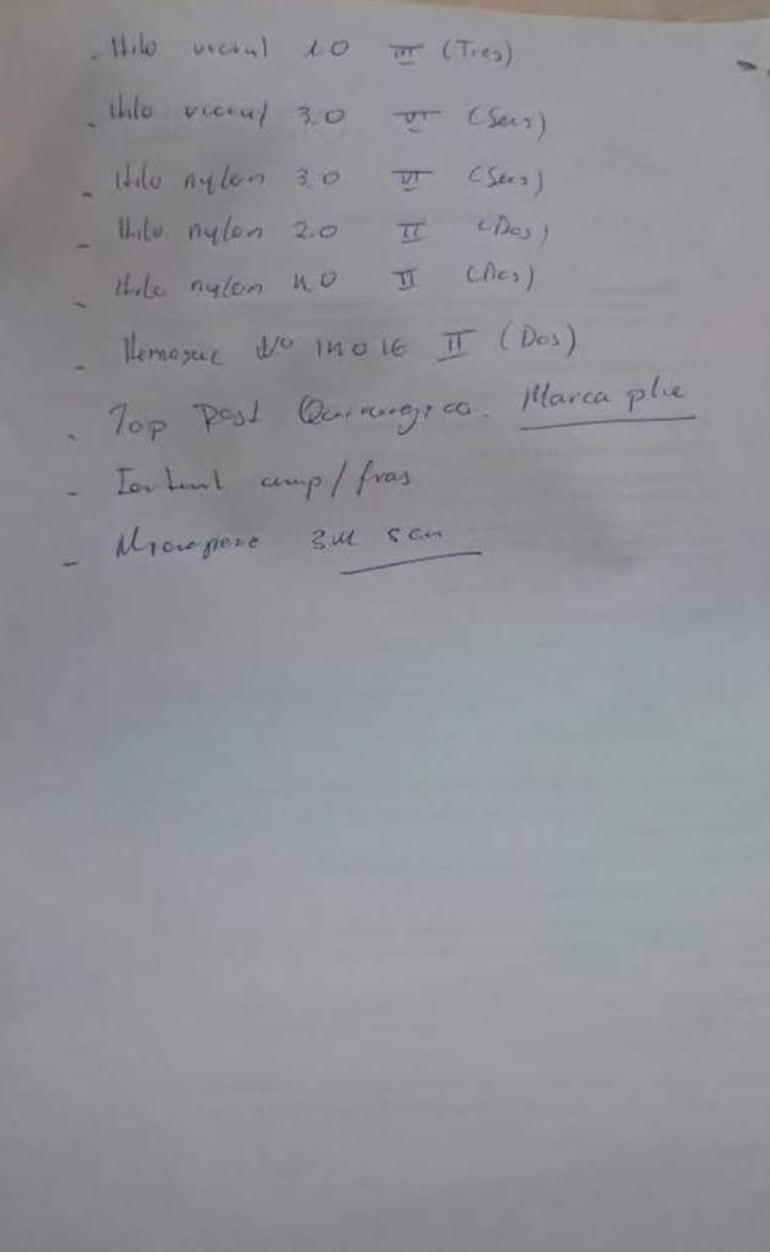 Lista de insumos pedidos en IPS Ingavi a una paciente con cáncer de mamas que debía ser sometida a una cirugía, según denuncia.