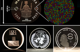 Algunos ejemplos de discos de almacenamiento óptico de datos 5D. Las áreas resaltadas corresponden a la zona real del volumen de datos.