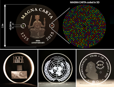 Algunos ejemplos de discos de almacenamiento óptico de datos 5D. Las áreas resaltadas corresponden a la zona real del volumen de datos.