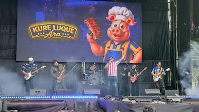 Cinco músicos actúan en el escenario, el vocalista en camiseta a rayas, bajo el humo festivo, con pantalla de fondo colorida.
