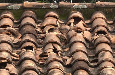 Techo de la escuela con tejas rotas y desplomadas, fragmentos esparcidos y musgo visible en áreas sombreadas.