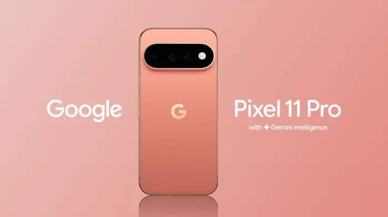 Teléfono Google Pixel 11 Pro de color rosa con módulo de cámara, logotipo en parte trasera.