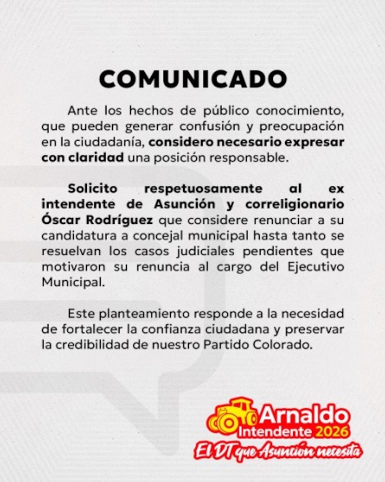 Comunicado de Arnaldo Samaniego tras reclamo de Añeteté.