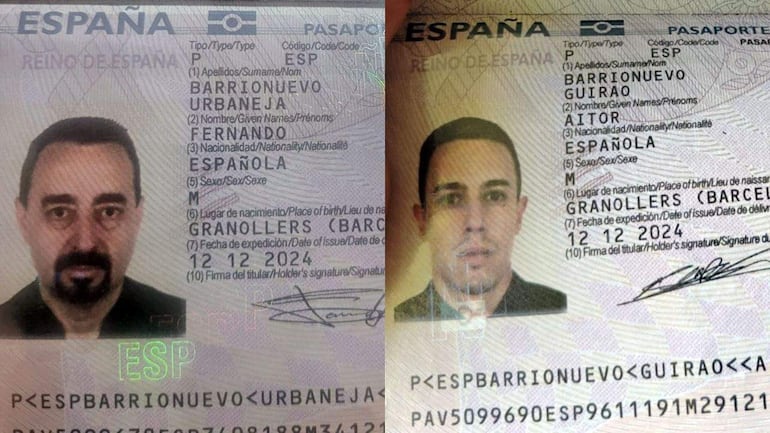 Pasaportes mostrando los nombres Fernando Barrionuevo Urbaneja y Aitor Barrionuevo Guirao, con detalles de nacionalidad española.