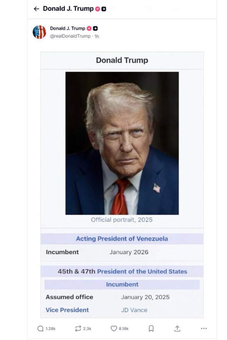 Captura de una publicación en la cuenta en Truth Social @realDonaldTrump del presidente de Estados Unidos, Donald Trump, que lo presenta como "presidente interino" de Venezuela.