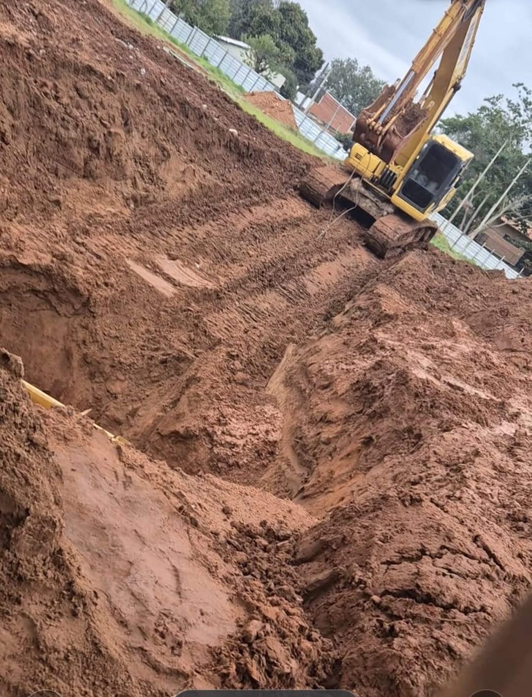 Excavadora amarilla en un pozo de tierra marrón, sin personas visibles y rodeada de vegetación.