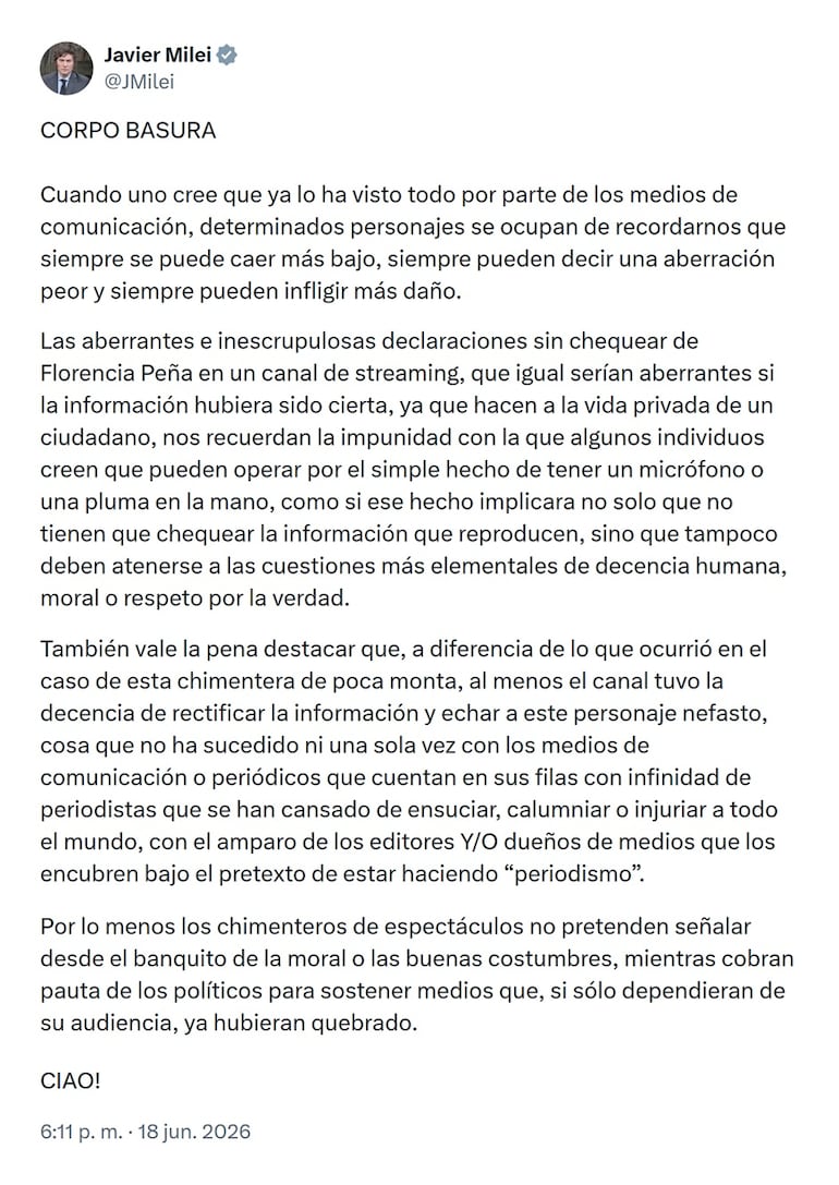 El presidente de Argentina, Javier Milei, opinó sobre el escándalo de la fake news sobre la muerte del papá de Lionel Messi.