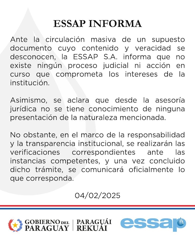 Comunicado de Essap sobre el pedido de quiebra impulsado por un abogado,