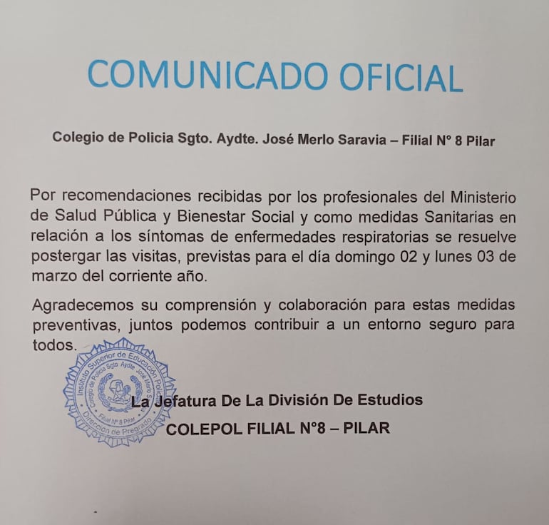El comunicado oficial del Colegio de Policía en el que se informa la postergación de visitas de los familiares a los aspirantes.