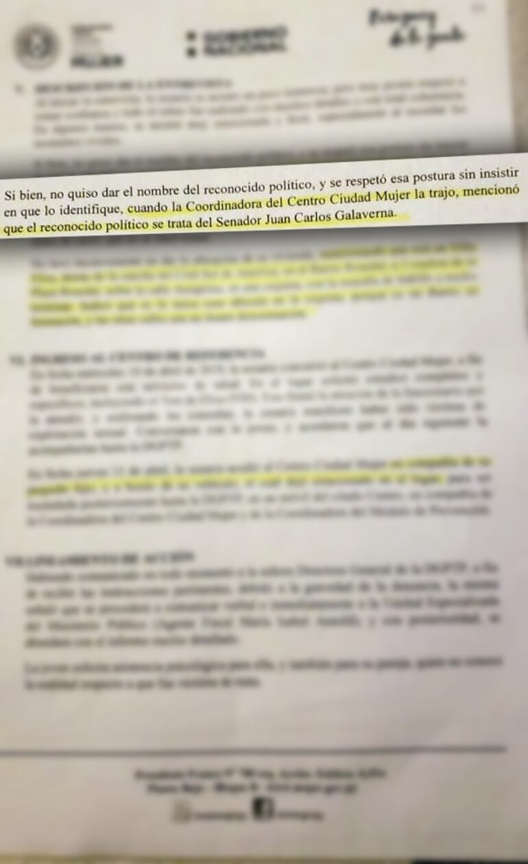 Documento del Ministerio de la Mujer en que se detalla que la denunciante identificó al senador Galaverna.