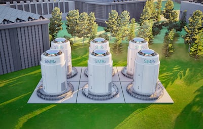 3d rendering group of smr or small modular nuclear reactors power plant with data center building