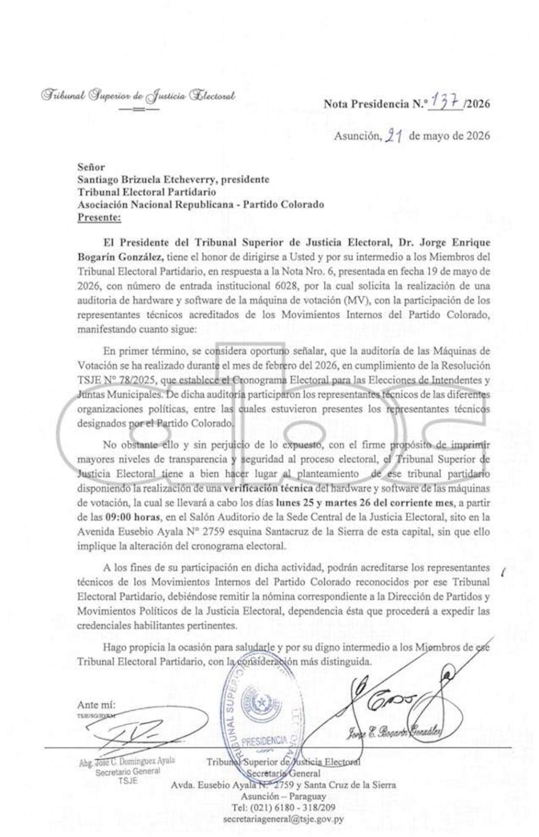 Nota oficial del Tribunal Superior de Justicia Electoral detallando auditoría de maquinaria electoral, sin imágenes de personas presentes.