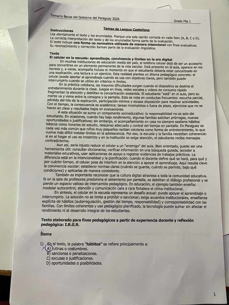 Parte del temario de las Becas del Gobierno que se filtró esta mañana, desde la Universidad Nacional de Caaguazú.