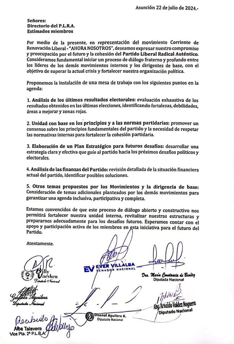 Nota de Ever Villalba y su equipo al PLRA.
