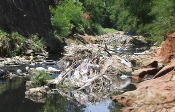 El arroyo Mburicaó está lleno de basuras, residuos de plásticos, neumáticos y con ramas caídas en toda su extensión, en Asunción.