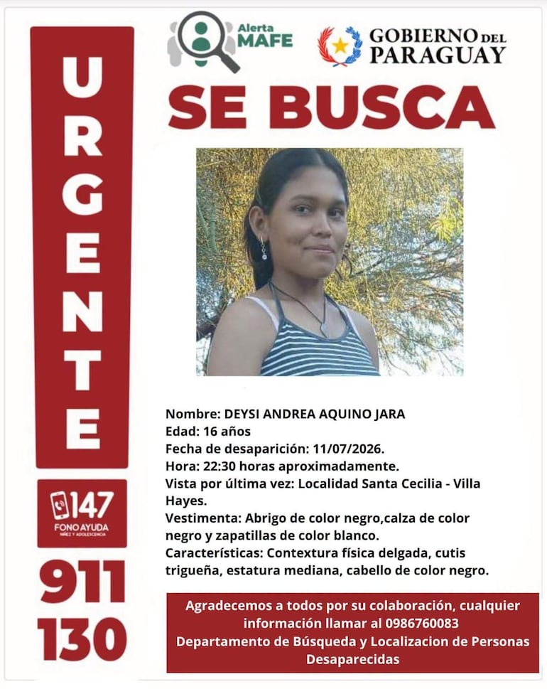 Cartel de alerta de desaparición con datos sobre Deysi Aquino, presentación en texto claro y detalles de vestimenta.
