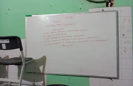 Aula con pizarra blanca mostrando actividades y preguntas sobre movimientos estudiantiles en un ambiente escolar modesto.