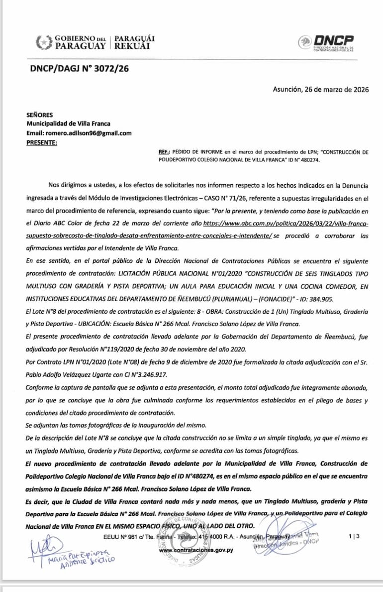 Nota de la DNCP dirigida a la Municipalidad de Villa Franca para que, en un plazo de tres días, presente todas las documentaciones requeridas.