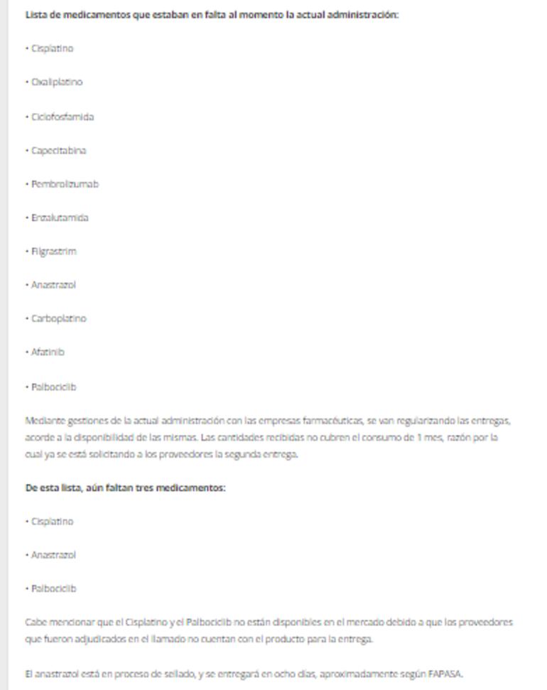 Lista difundida por el Ministerio de Salud, que no coinciden con las declaraciones del director del Incan y la denuncia de los pacientes.