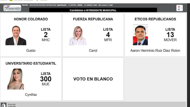 Cynthia aparece aún en el simulador oficial de la máquina de votación.