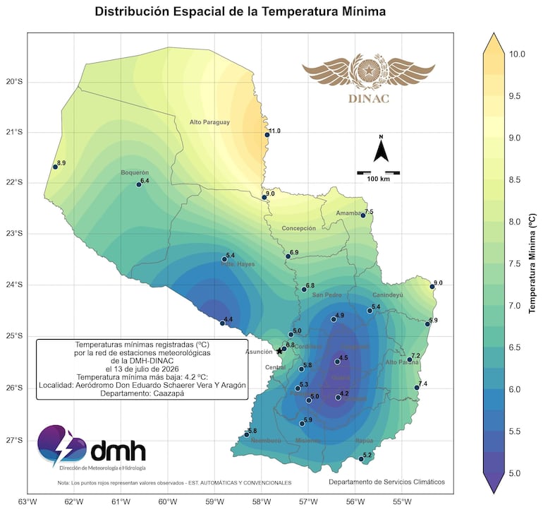 Mapa de Paraguay mostrando la distribución de temperaturas mínimas registradas el 13 de julio de 2026, sin personas presentes.