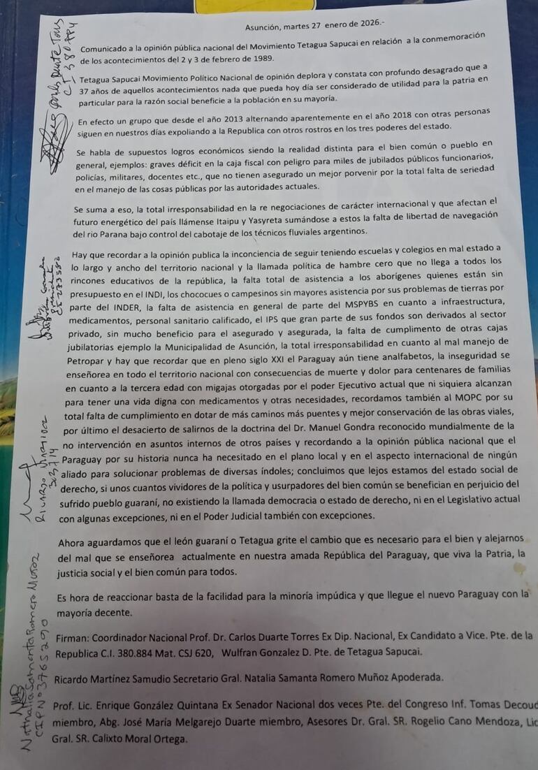 Comunicado del movimiento.