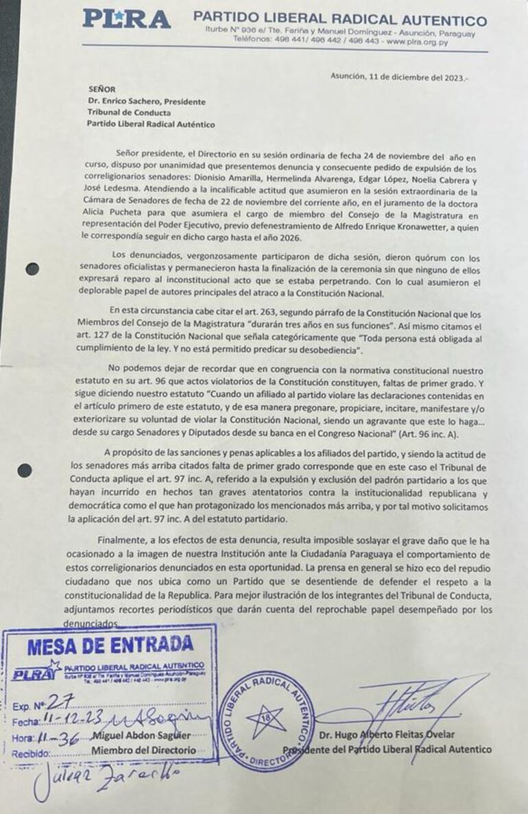 Pedido de expulsión de 5 senadores que dieron quorum para juramento de Alicia Pucheta.