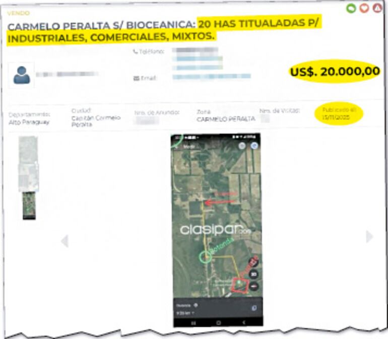 Uno de los anuncios publicados, en el cual se ofrecen 20 hectáreas a 20.000 dólares cada ha.