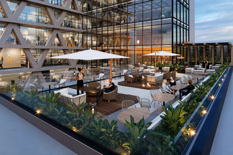 Hub.8 ofrecerá salas de reunión con visuales abiertas, jardines de expansión, áreas de coworking, terrazas gastronómicas, un centro fitness y zonas de relax y descanso.