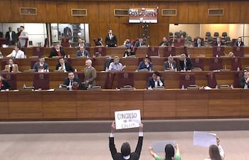 Tres manifestantes sostienen el cartel 'CONGRESO NO TE CALLES' frente a diputados en un ambiente formal del Congreso.