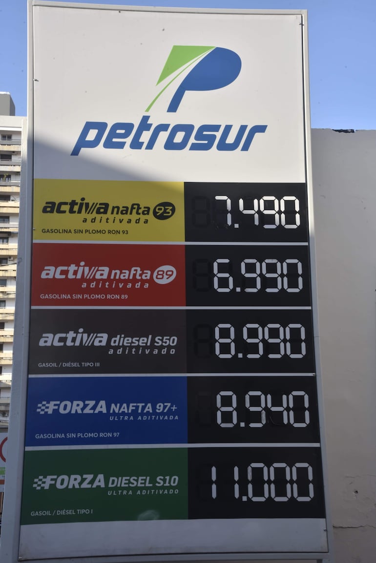 Cartel con precios de combustible de Petrosur, mostrando nafta y diésel con precios en guaraníes, sin personas visibles.