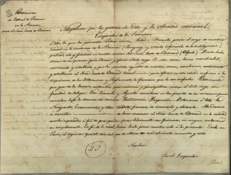 Carta patente del cónsul conde Brossard, 1858. Archivo Nacional de Asunción.