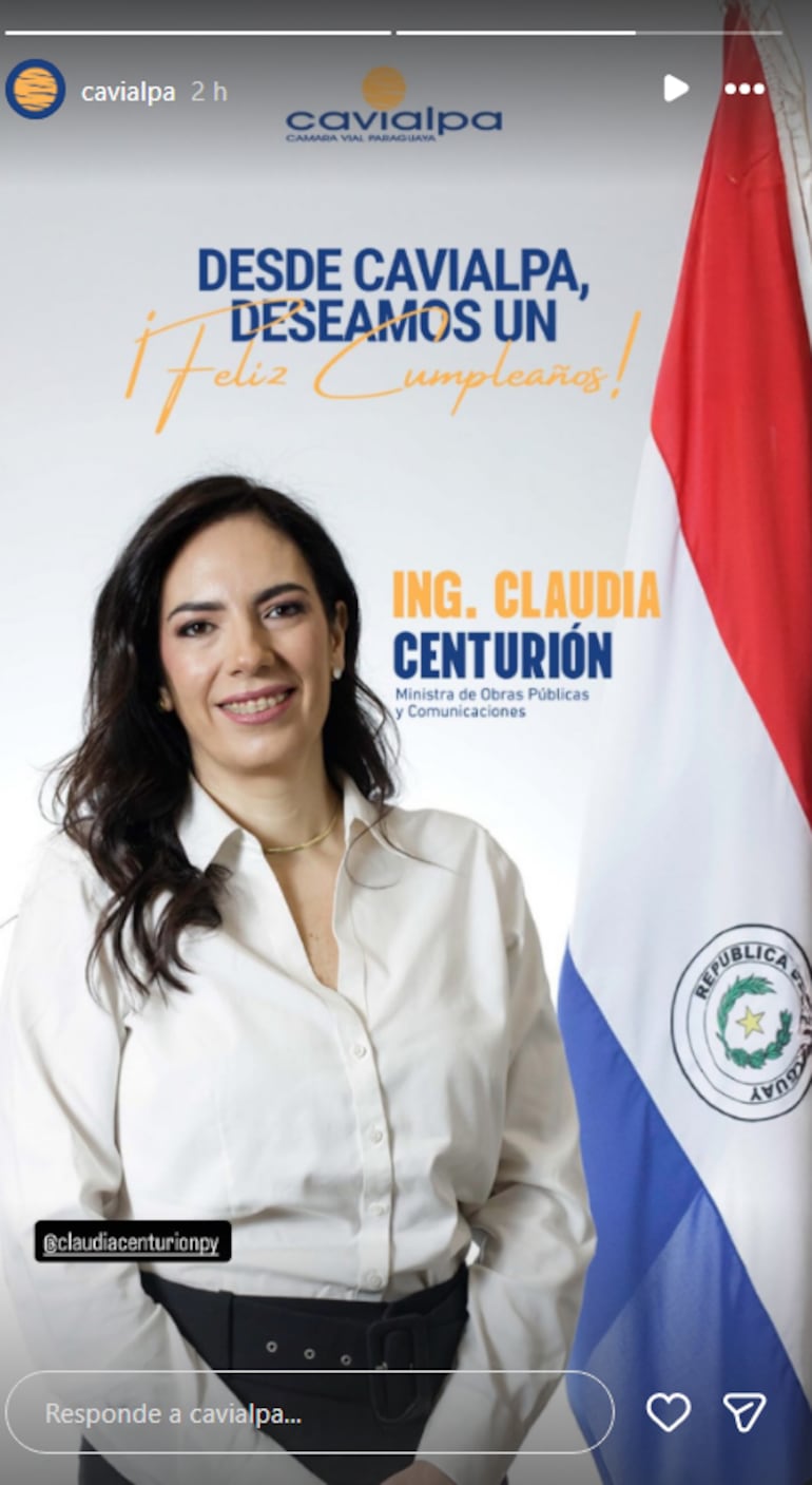 Saludo de Cavialpa a la ministra Claudia Centurión por su cumpleaños.