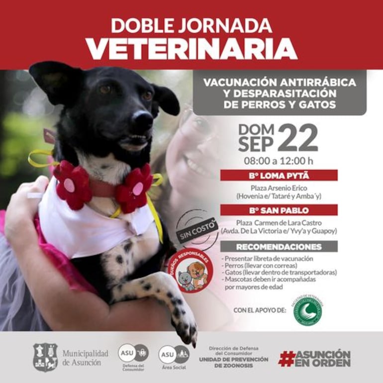 La Municipalidad de Asunción invita este domingo a una jornada veterinaria.