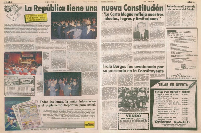 Página del diario ABC Color con texto sobre la nueva Constitución y el evento político, sin imágenes de personas presentes.